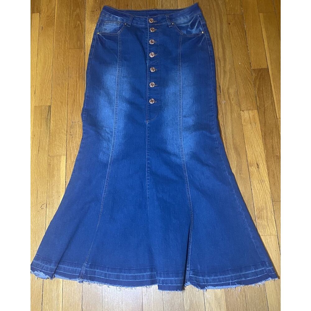 Y2K Be-Girl A Line Low Rise Denim Long Modest Maxi Skirt Frayed Hem Grunge XS